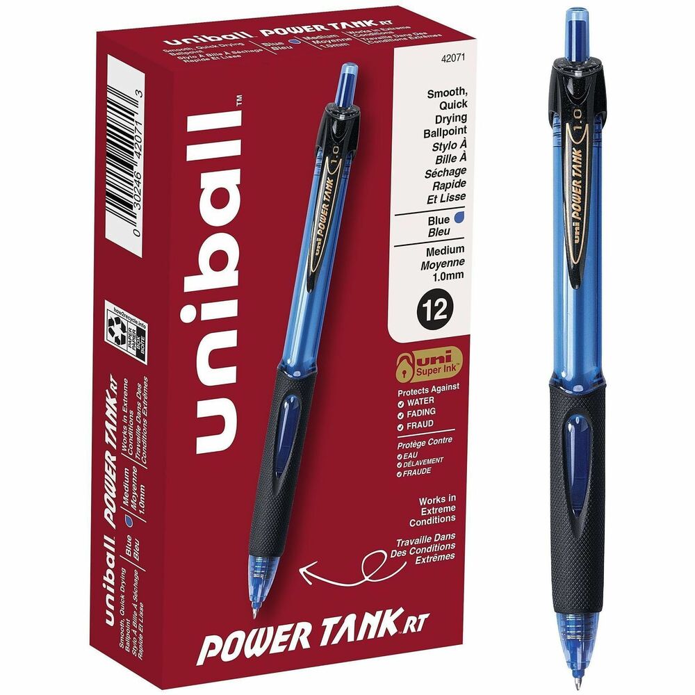 UBC42071 - Write effectively in the toughest conditions with Power Tank Retractable Ballpoint Pens from uniball featuring a 1.0mm medium point. Designed to perform optimally in extreme conditions, the pens feature a pressurized ink cartridge that offers fast and clean writing even on damp surfaces, in bitterly cold conditions or at unusual angles, including upside down. The refillable ballpoint pens come with a textured rubber grip that encourages greater writing comfort. uni Super Ink has pigmented particles that create an indelible bond with the paper, helping you create fraud, fade and water resistant documents even in harsh environments. The 1.0mm medium point offers bold strokes with a rich color payoff for clear writing. When you need a rugged writing tool, this refillable ballpoint click pen is the best choice in any hemisphere.
