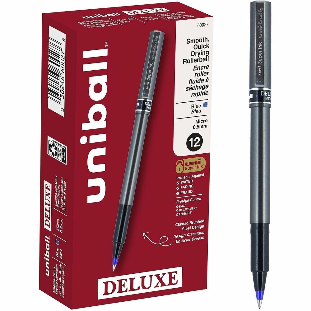 UBC60027 - Introduce sophisticated style to your everyday writing with Deluxe Rollerball Stick Pens from uniball featuring a strong, long lasting 0.5mm micro tip. Even-flowing, acid-free liquid ink delivers a smooth writing experience for intense, vibrant lines. Micro point pens produce neat and crisp strokes for intricate writing, making it easy to create super fine details in your drawings and diagrams. Capped roller pens are useful for a variety of tasks from note taking and list making to signing checks and legal documents. Innovative uni Super Ink technology forms a strong bond with the paper, protecting from water, fading and fraud. Up your writing instrument sophistication with the matte black, brushed steel barrel of the Deluxe capped rollerball pens.