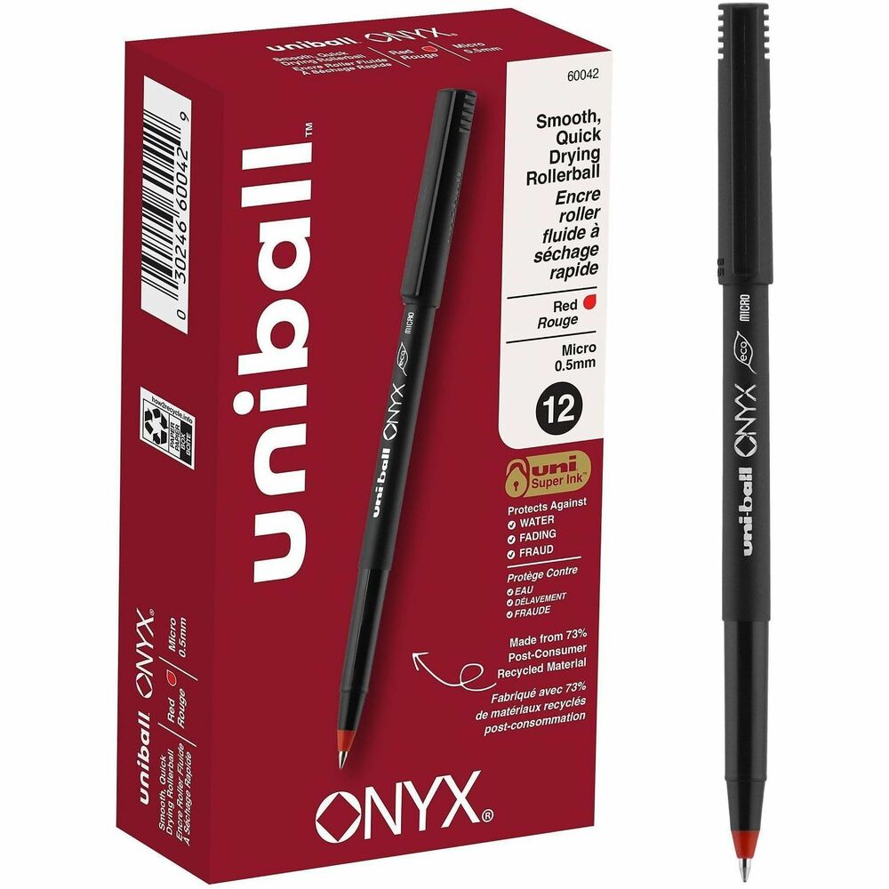 UBC60042 - Stock your office, home or classroom with Onyx Rollerball Stick Pens from uniball featuring a strong, long lasting 0.5mm micro tip. This rollerball pen delivers the silky-smooth glide of a fountain pen without smudging for effortless writing.  Micro point pens produce neat and precise lines for intricate writing, making it easy to create super fine details in your drawings and diagrams. Capped roller pens are useful for a variety of tasks from note taking to signing checks and legal documents to uniquely embellishing fun and creative writing projects. Innovative uni Super Ink technology forms a strong bond with the paper, protecting from water, fading and fraud.  A great economic and environmental choice as this super sleek micro point roller pen is made from 73% post-consumer recycled material.