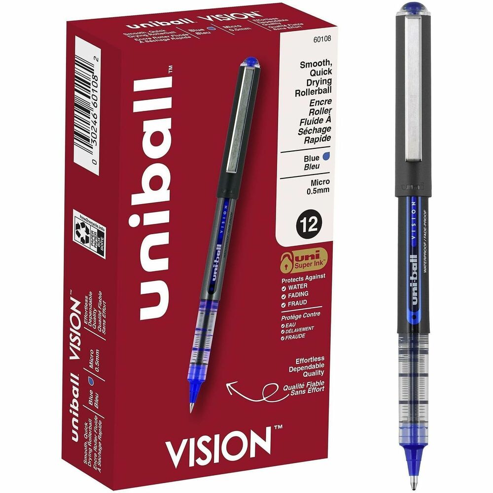UBC60108 - Make your everyday writing easy with the effortless and dependable performance of Vision Rollerball Pens from uniball available in multiple tip sizes. Capped roller pens deliver an even liquid ink lay-down for reliably smooth, vivid lines and a rich color for improved clarity and readability. Great for all writing tasks from taking notes to record keeping with archival quality, acid free roller ink. Innovative uni Super Ink technology forms an indestructible bond with the paper to minimize the risk of check washing or document fraud, while also protecting from water and fading. The exclusive Uni-Flow Ink System ensures a consistent, delightfully fluid writing experience, and a translucent window ensures that you don't run out of ink unexpectedly. Enjoy beautiful clean lines and give all of your ideas a burst of brilliant color with this classic style rollerball pen.