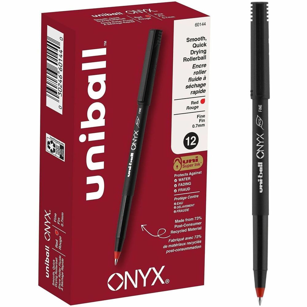 UBC60144 - Stock your office, home or classroom with Onyx Rollerball Stick Pens from uniball featuring a strong, long lasting 0.7mm fine tip. This rollerball pen delivers the silky-smooth glide of a fountain pen without smudging for effortless writing. Fine point pens deliver crisp lines with unparalleled definition, making it easy to create super fine details in your drawings and diagrams. Capped roller pens are useful for a variety of tasks from note taking to signing checks and legal documents to uniquely embellishing fun and creative writing projects. Innovative uni Super Ink technology forms a strong bond with the paper, protecting from water, fading and fraud.  A great economic and environmental choice as this super sleek fine point roller pen is made from 73% post-consumer recycled material.