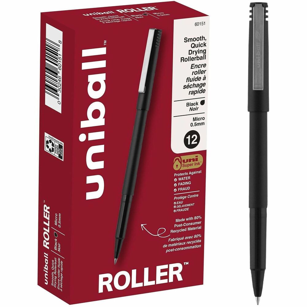 UBC60151 - Stock your office, home or classroom with Roller Rollerball Stick Pens from uniball featuring a strong, long lasting 0.5mm micro tip. This rollerball pen delivers the silky-smooth glide of a fountain pen without smudging for effortless writing. Micro point pens produce neat and precise lines for intricate writing, making it easy to create super fine details in your drawings and diagrams. Capped roller pens are useful for a variety of tasks from note taking to signing checks and legal documents to uniquely embellishing fun and creative writing projects. Innovative uni Super Ink technology forms a strong bond with the paper, protecting from water, fading and fraud. A great economic and environmental choice as this super sleek micro point roller pen is made from 80% post-consumer recycled material.