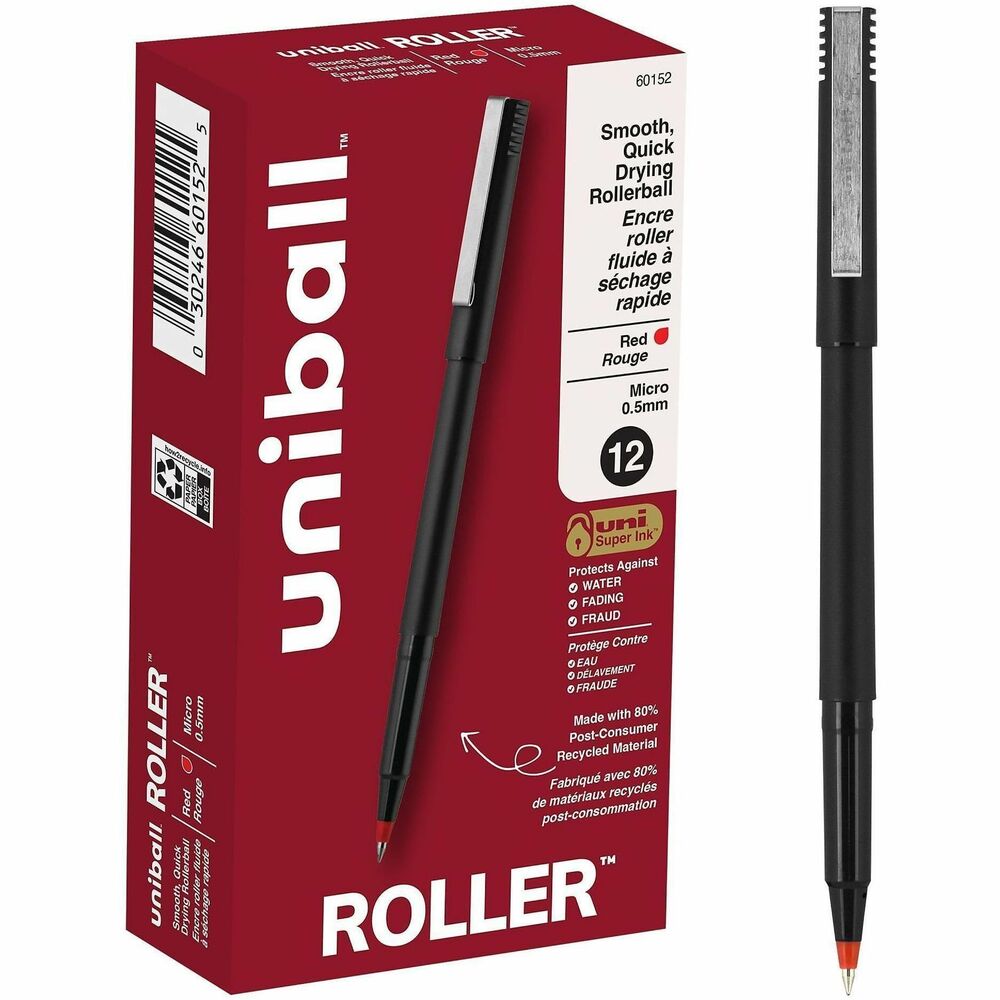 UBC60152 - Stock your office, home or classroom with Roller Rollerball Stick Pens from uniball featuring a strong, long lasting 0.5mm micro tip. This rollerball pen delivers the silky-smooth glide of a fountain pen without smudging for effortless writing. Micro point pens produce neat and precise lines for intricate writing, making it easy to create super fine details in your drawings and diagrams. Capped roller pens are useful for a variety of tasks from note taking to signing checks and legal documents to uniquely embellishing fun and creative writing projects. Innovative uni Super Ink technology forms a strong bond with the paper, protecting from water, fading and fraud. A great economic and environmental choice as this super sleek micro point roller pen is made from 80% post-consumer recycled material.
