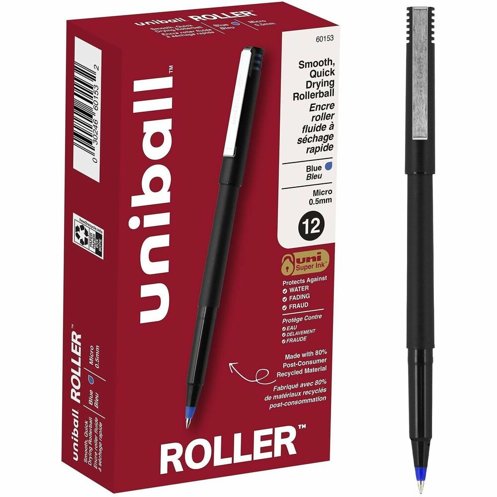 UBC60153 - Stock your office, home or classroom with Roller Rollerball Stick Pens from uniball featuring a strong, long lasting 0.5mm micro tip. This rollerball pen delivers the silky-smooth glide of a fountain pen without smudging for effortless writing. Micro point pens produce neat and precise lines for intricate writing, making it easy to create super fine details in your drawings and diagrams. Capped roller pens are useful for a variety of tasks from note taking to signing checks and legal documents to uniquely embellishing fun and creative writing projects. Innovative uni Super Ink technology forms a strong bond with the paper, protecting from water, fading and fraud. A great economic and environmental choice as this super sleek micro point roller pen is made from 80% post-consumer recycled material.