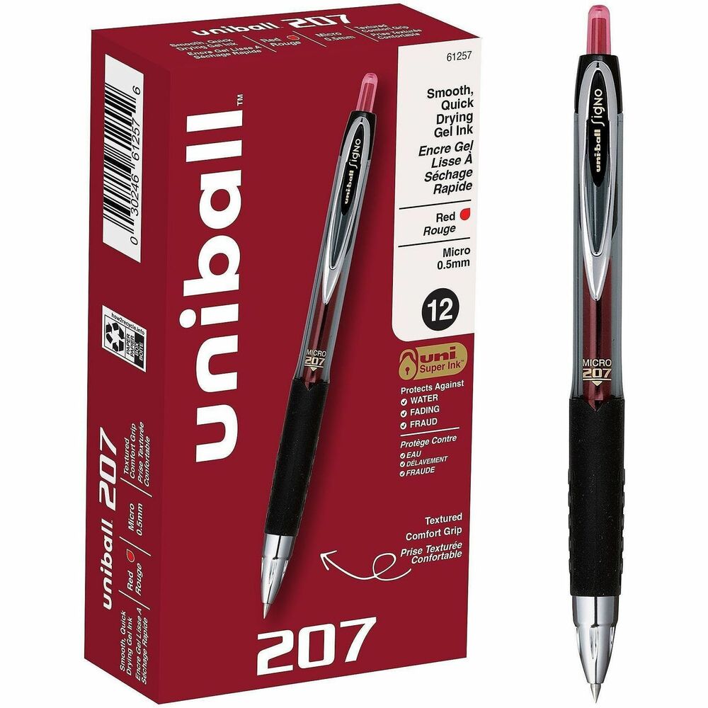 UBC61257 - Stock your office, home or classroom with 207 Retractable Gel Pens from uniball featuring a 0.5mm micro point with a stainless steel tip that resists bending and breaking. Even-flowing, pigment-based gel ink delivers a smooth writing experience for intense, vibrant lines, ensuring that every mark is brilliantly communicated. Use these retractable gel pens for everyday writing tasks, check signing and all of your important signatures, trusting its quick-drying uni Super Ink. Innovative uni Super Ink technology effectively entraps the gel ink into the paper, producing fraud, fade and water-resistant documents that resist check washing or bleaching. The 0.5mm micro point produces neat and precise strokes for detailed writing and drawing. A textured grip offers greater comfort and control as you continue writing, while a translucent ink window indicates the level of gel ink remaining, so you don't run out unexpectedly. The sleek design of the 207 with modern metal accents gives the retractable gel pen a stylish touch.