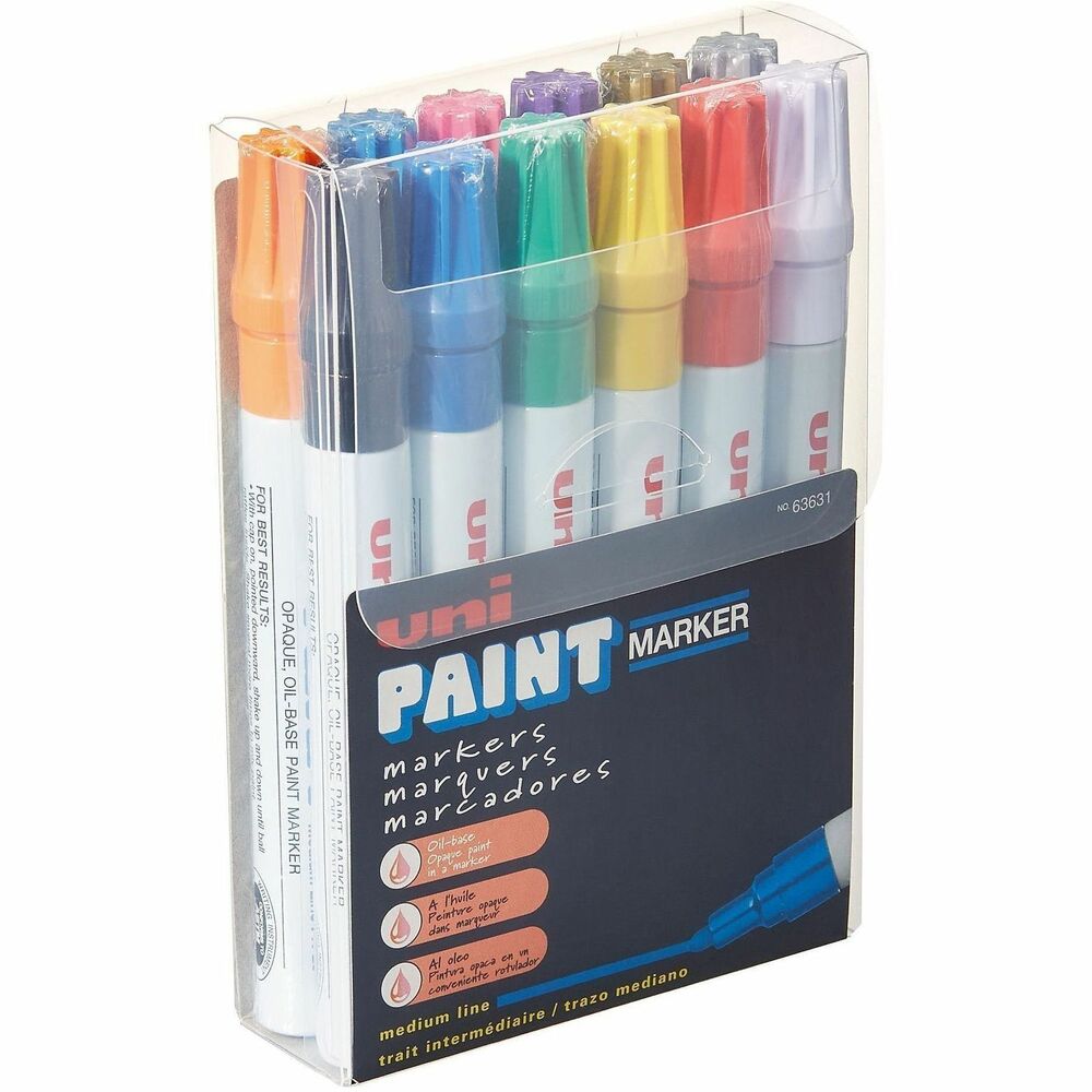 UBC63631 - Create permanent and accurate marks on virtually any surface with Paint PX-20 Oil-Based Paint Markers. Bullet tip with medium point (1.8 to 2.2mm) delivers bold, visible lines. Quick-drying paint is resistant to water, fading, heat and abrasions. Valve-action control provides excellent flow and coverage while preventing the marker from drying out if left uncapped. Permanent paint colors mark opaque and glossy on light and dark surfaces. Metal barrel and durable tip ensure a long marking life. Marker is ideal for manufacturing, construction, automotive, metal fabrication, aviation and more. Use marker to identify parts or equipment outside or marking oily, greasy items.