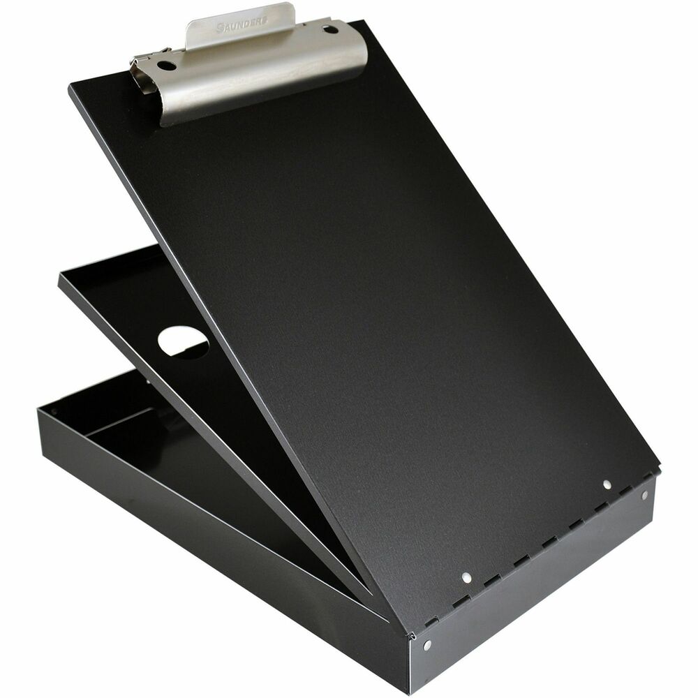 SAU21117 - Cruiser-Mate II Storage Clipboard is perfect for any law enforcement officer, parole office, social worker, delivery driver, demolition supervisor or anyone else looking for a durable mobile work space. This form holder offers heavy-duty construction with black vinyl clad finish. Form holder features a high-capacity clip (1"), slide on clamp for ID cards or notes and two separate storage areas to keep forms and supplies organized. Lower compartment has 1" capacity and features a built-in pen tray. Upper compartment provides an additional 7/16" of storage capacity. Upper tray can be removed for added depth. Self-locking latch keeps compartments securely fastened.