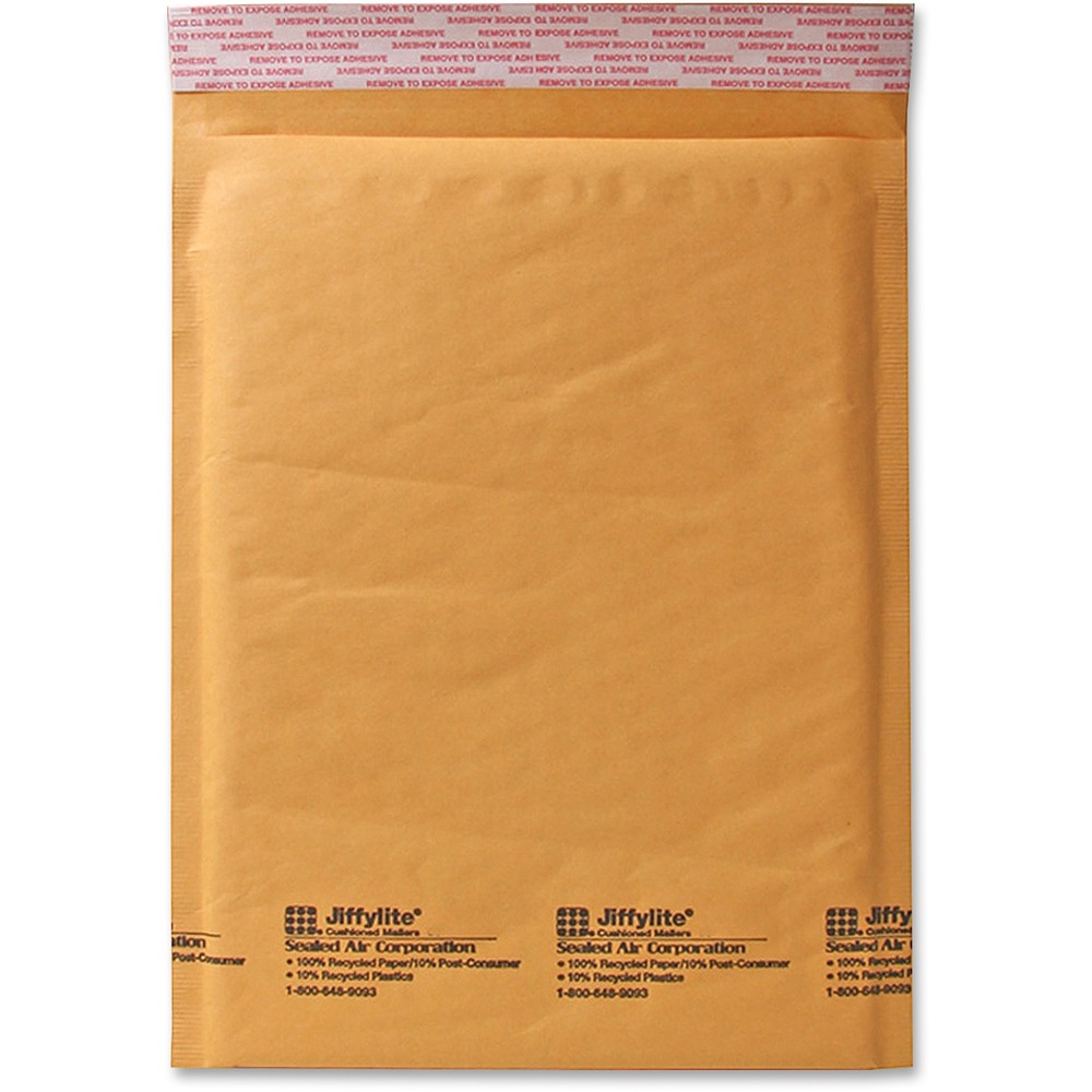 SEL39098 - Cushioned mailers protect contents and reduce expenses with a lightweight design for postage savings. Fully laminated bubble cushioning provides stiffness and puncture-resistance. Seamless bottom affords additional cushioning protection along with greater overall strength and safety. Fasten the mailer with a self-seal closure for added convenience. Strong, outer material is ideal for custom printing and made with a high percentage of recycled material.