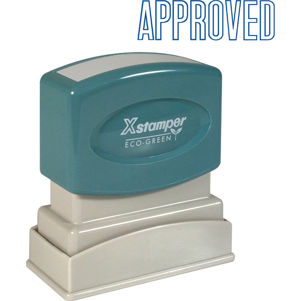 XST1008 - Blue ink APPROVED Title Stamp is pre-inked for 100,000 impressions and re-inkable for 100,000 more, again and again. Patented cellular inking process delivers clean, consistent impressions. Retractable frame keeps stamp surface away from desktop until ready to use. Impression size is 1/2" x 1-5/8". Pre-inked stamp contains a high percentage of recycled material.
