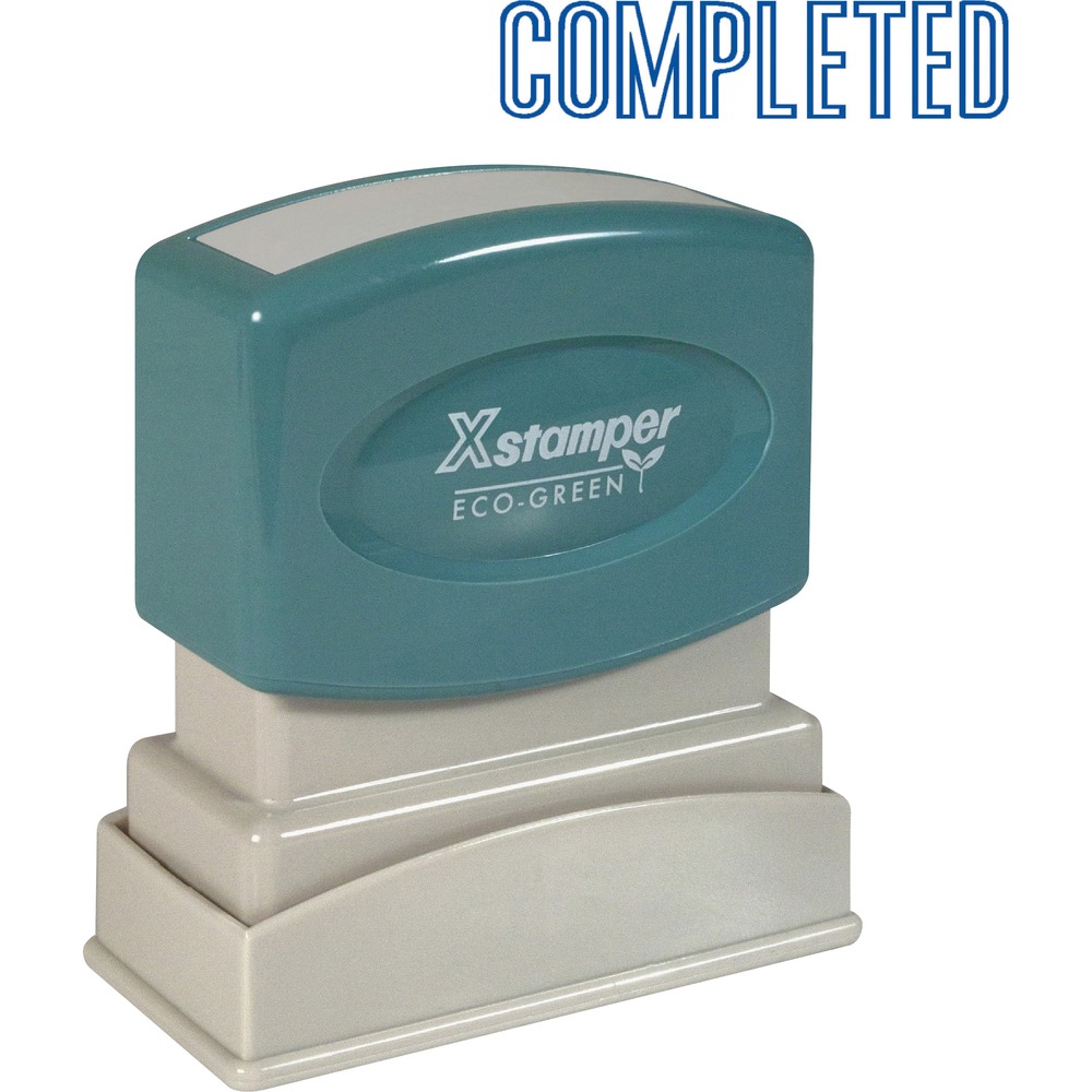 XST1026 - Blue ink COMPLETED Title Stamp is pre-inked for 100,000 impressions and re-inkable for 100,000 more, again and again. Patented cellular inking process delivers clean, consistent impressions. Retractable frame keeps stamp surface away from desktop until ready to use. Impression size is 1/2" x 1-5/8". Pre-inked stamp contains a high percentage of recycled material.