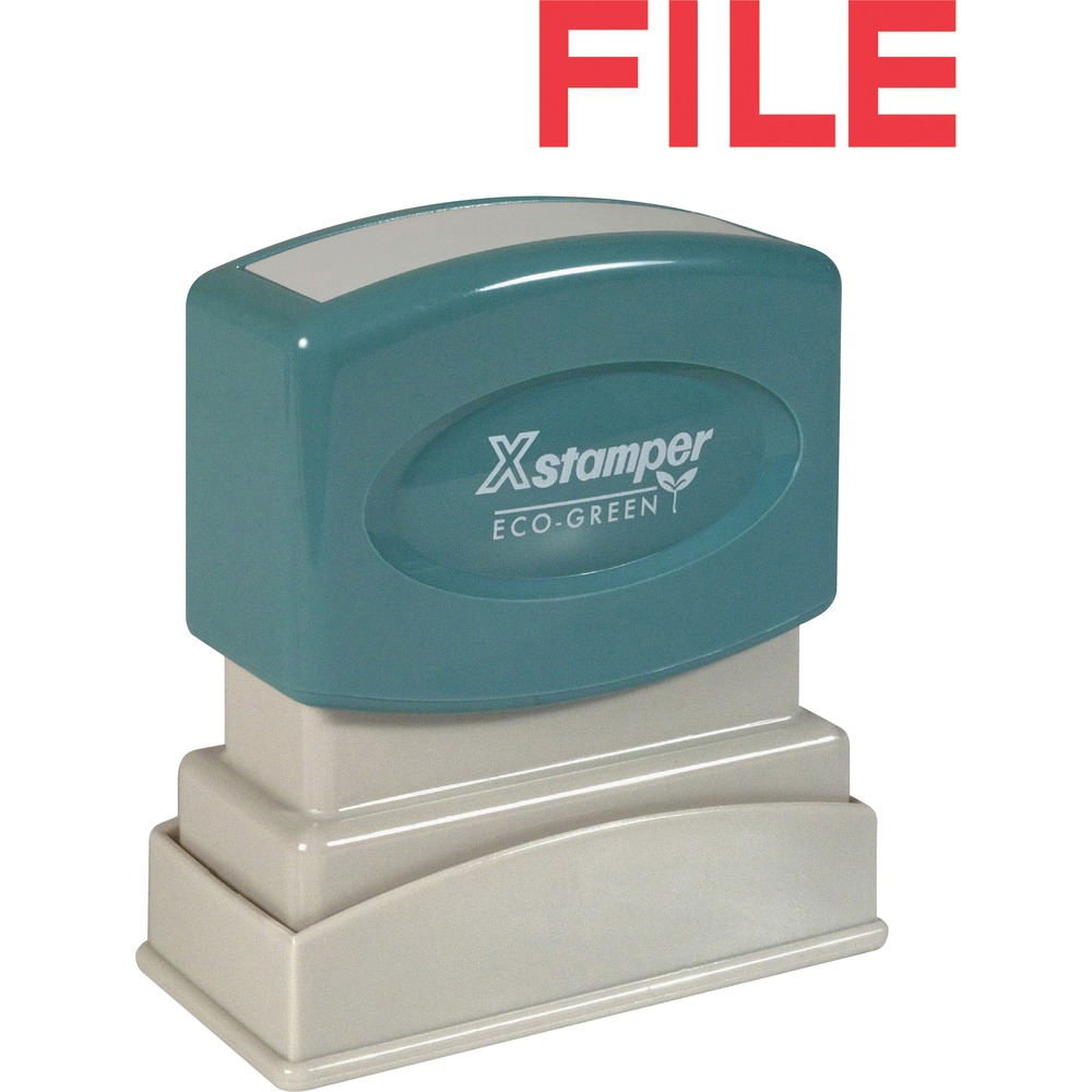 XST1051 - Red ink FILE Title Stamp is pre-inked for 100,000 impressions and re-inkable for 100,000 more, again and again. Patented cellular inking process delivers clean, consistent impressions. Retractable frame keeps stamp surface away from desktop until ready to use. Impression size is 1/2" x 1-5/8". Pre-inked stamp contains a high percentage of recycled material.