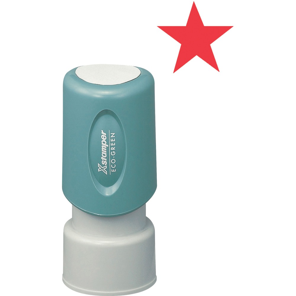 XST11309 - Red ink stamp with a star shape is pre-inked and re-inkable. Retractable frame keeps stamp surface away from desktop until ready to use. Plastic cap makes it safe to carry in purse or pocket. Impression size is 5/8" diameter.