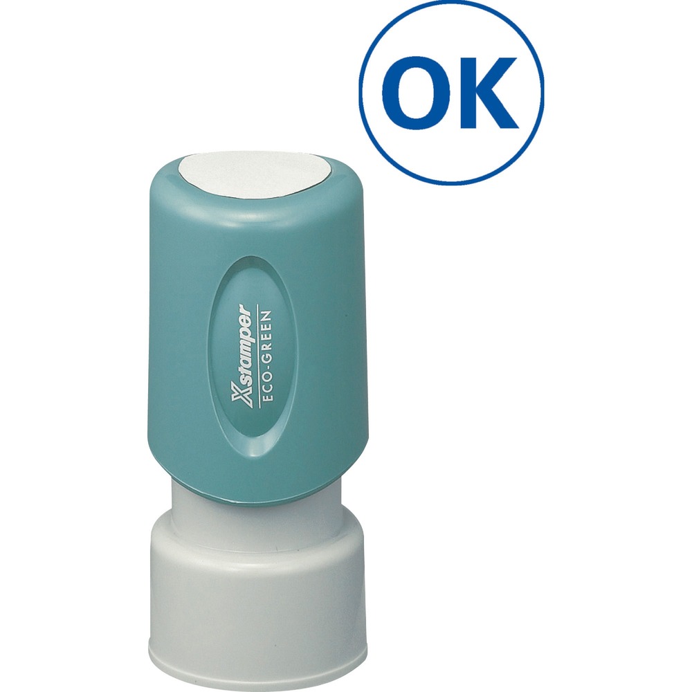 XST11357 - Blue ink "OK" Stamp is pre-inked and re-inkable. Retractable frame keeps stamp surface away from desktop until ready to use. Plastic cap makes it safe to carry in purse or pocket. Impression size is 5/8" diameter.