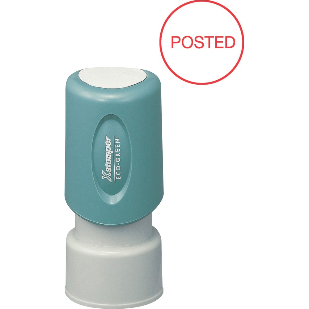 XST11363 - Red ink POSTED Stamp is pre-inked and re-inkable. Retractable frame keeps stamp surface away from desktop until ready to use. Plastic cap makes it safe to carry in purse or pocket. Impression size is 5/8" diameter.