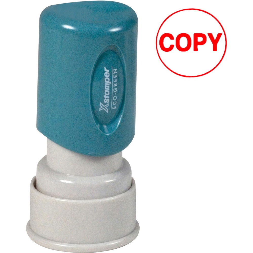 XST11407 - Red ink COPY Stamp is pre-inked and re-inkable. Retractable frame keeps stamp surface away from desktop until ready to use. Plastic cap makes it safe to carry in purse or pocket. Impression size is 5/8" diameter.