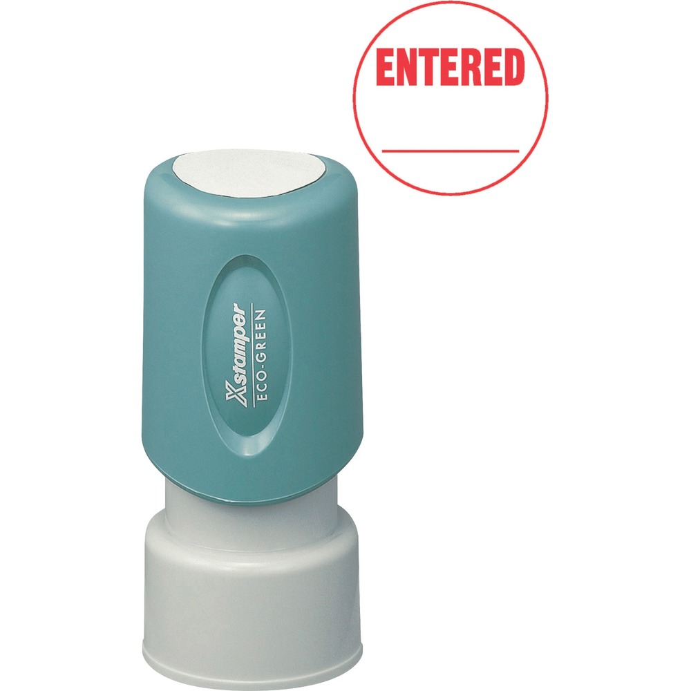 XST11418 - Red ink ENTERED Stamp is pre-inked and re-inkable. Retractable frame keeps stamp surface away from desktop until ready to use. Plastic cap makes it safe to carry in purse or pocket. Impression size is 5/8" diameter.