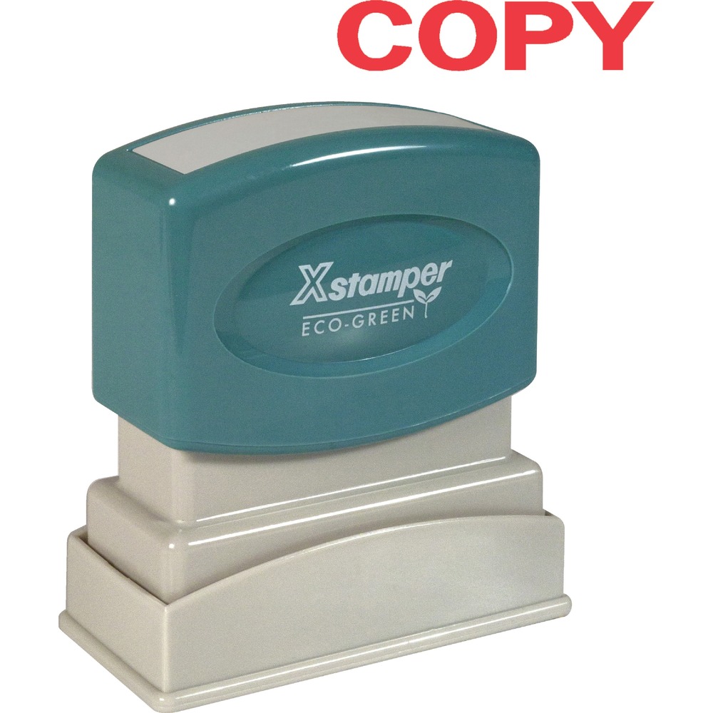 XST1359 - Red ink COPY Title Stamp is pre-inked for 100,000 impressions and re-inkable for 100,000 more, again and again. Patented cellular inking process delivers clean, consistent impressions. Retractable frame keeps stamp surface away from desktop until ready to use. Impression size is 1/2" x 1-5/8". Pre-inked stamp contains a high percentage of recycled material.