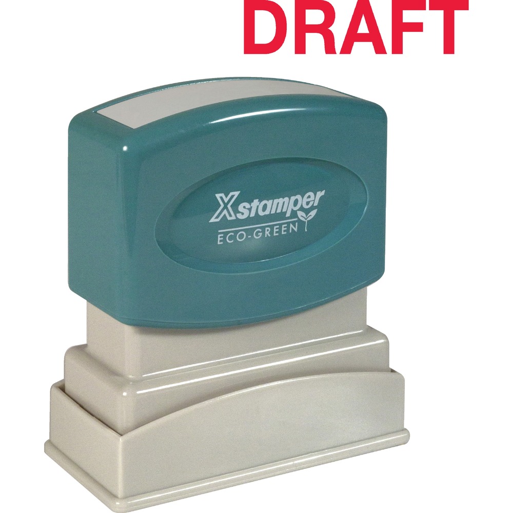XST1360 - Red ink DRAFT Stamp is pre-inked for 100,000 impressions and re-inkable for 100,000 more, again and again. Patented cellular inking process delivers clean, consistent impressions. Retractable frame keeps stamp surface away from desktop until ready to use. Impression size is 1/2" x 1-5/8". Pre-inked stamp contains a high percentage of recycled material.