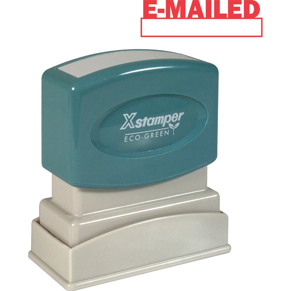 XST1650 - Red ink E-MAILED Title Stamp with a window below the message is pre-inked for 100,000 impressions and re-inkable for 100,000 more, again and again. Patented cellular inking process delivers clean, consistent impressions. Retractable frame keeps stamp surface away from desktop until ready to use. Impression size is 1/2" x 1-5/8". Pre-inked stamp contains a high percentage of recycled material.