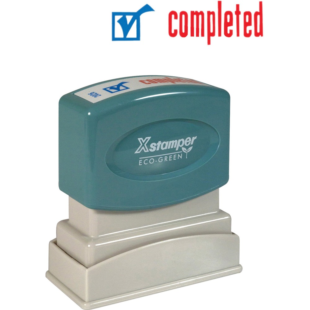 XST2026 - COMPLETED Title Stamp prints two colors simultaneously and is pre-inked for 100,000 impressions. Each re-inking provides another 100,000 impressions. Patented cellular inking process delivers clean, consistent impressions. Impression size is 1/2" x 1-5/8". Spring-activated, retractable stamping surface keeps work area clean. Pre-inked stamp is made from high-impact polymers for years of trouble-free use and contains a high percentage of recycled material.