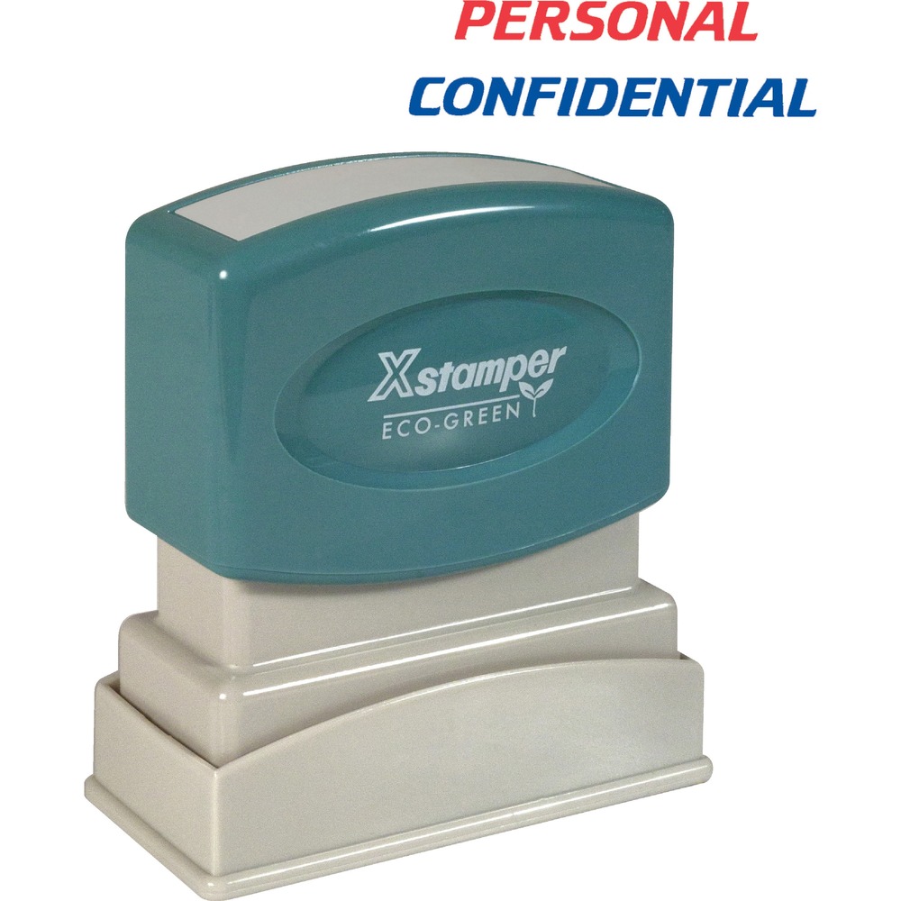 XST2029 - PERSONAL/CONFIDENTIAL Title Stamp prints two colors simultaneously and is pre-inked for 100,000 impressions. Each re-inking provides another 100,000 impressions. Patented cellular inking process delivers clean, consistent impressions. Impression size is 1/2" x 1-5/8". Spring-activated, retractable stamping surface keeps work area clean. Pre-inked stamp is made from high-impact polymers for years of trouble-free use and contains a high percentage of recycled material.