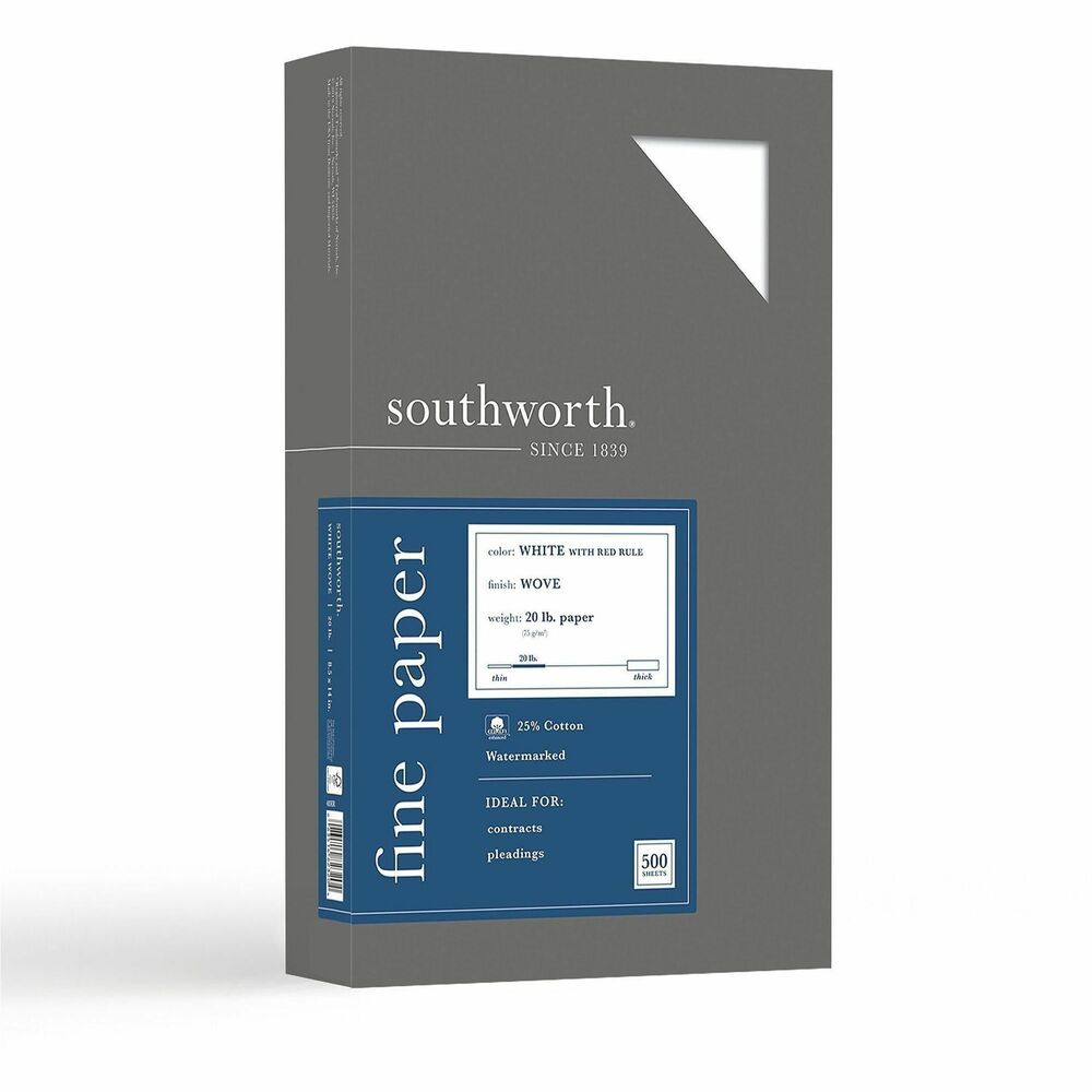 SOU403ER - Business paper with a wove finish offers 25 percent cotton content for texture and crispness. This pleading paper is printed with a single, red vertical ruling 3/8" from the right edge and a red double rule 1-5/16" from the left edge. Each sheet is also watermarked and date-coded for authentication. Acid-free, lignin-free paper is compatible with laser printers, inkjet printers and copiers.