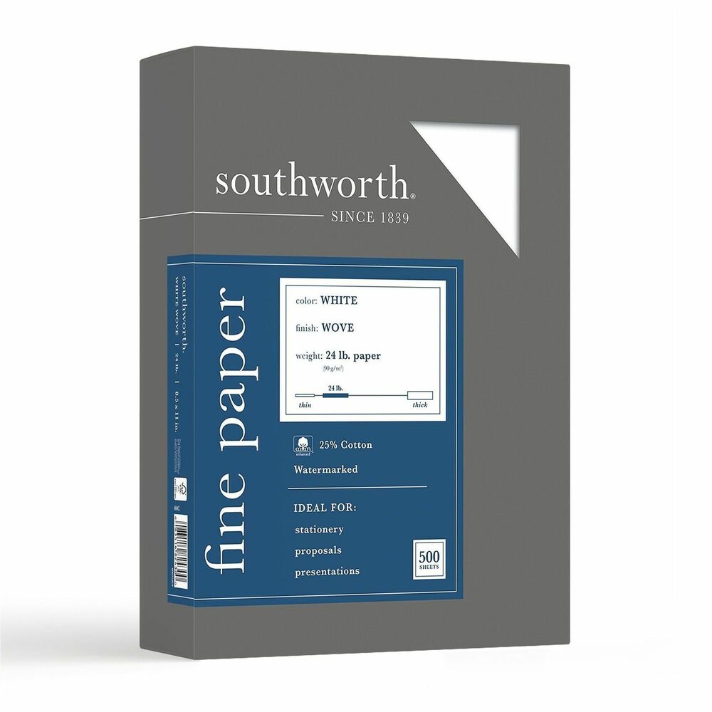 SOU404C - Business paper with a wove finish offers 25 percent cotton content for texture and crispness. Create letterheads, briefs, pleadings, contracts, presentations, or reports that naturally stand out. Each 24 lb. sheet is watermarked and date-coded for authentication. Acid-free, lignin-free paper is compatible with laser printers, inkjet printers and copiers.