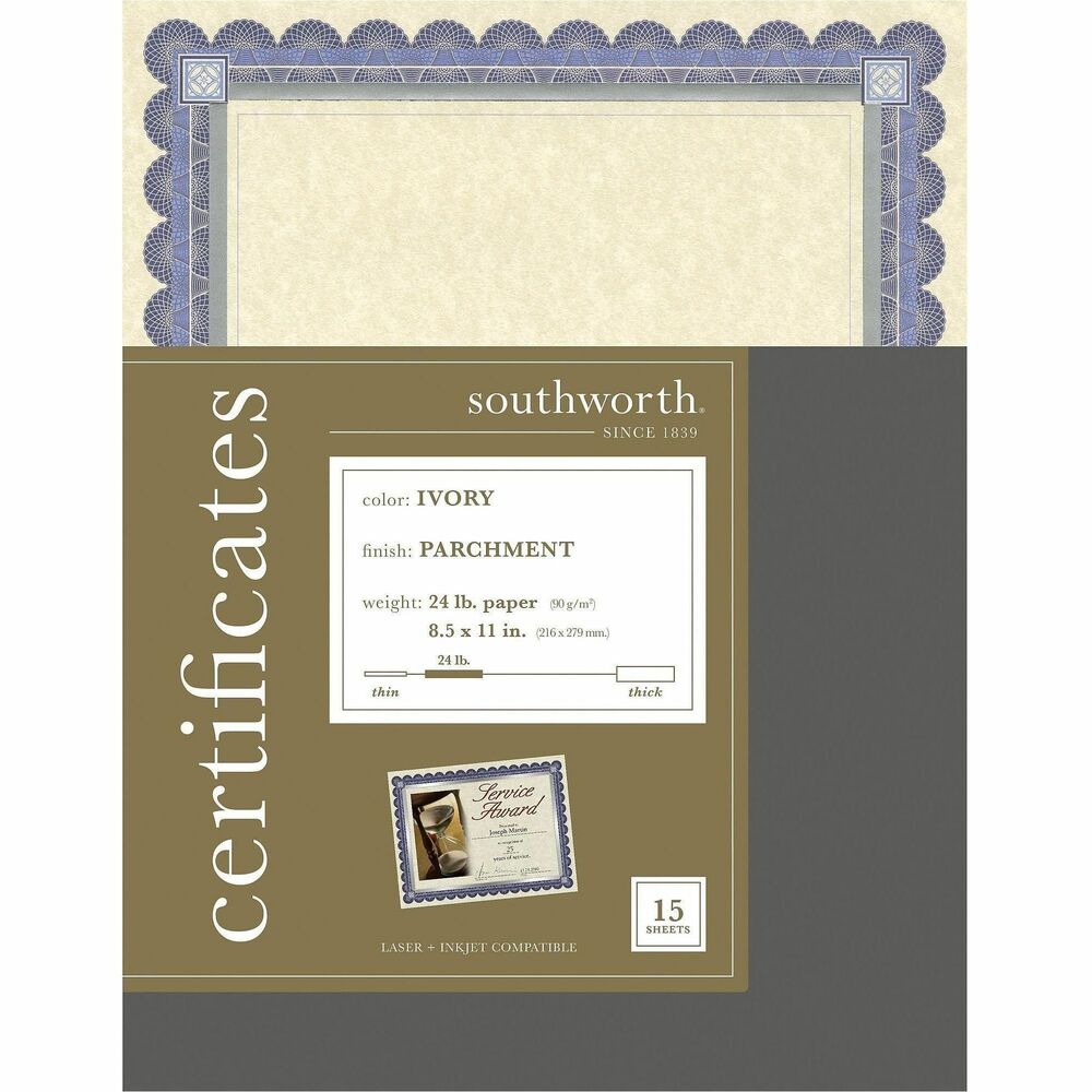 SOUCT1R - Create professional-looking awards and certificates with Foil-Enhanced Parchment Certificates. 24 lb. ivory parchment paper is imprinted with blue and silver foil-enhanced borders. Paper is acid-free. Certificates are compatible with laser printers and inkjet printers.