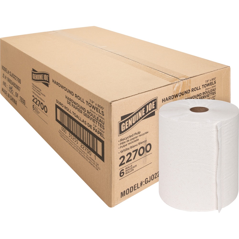 GJO22700 - Hardwound Roll Towels offer a high capacity to provide storage space, maintenance and labor savings vs. folded towels. Heavily embossed design provides a better feel and aid in absorbency. 2" core size is compatible with most universal dispensers. Perfect towel solution for high-traffic restrooms. Towels are made with a high percentage of recycled material.