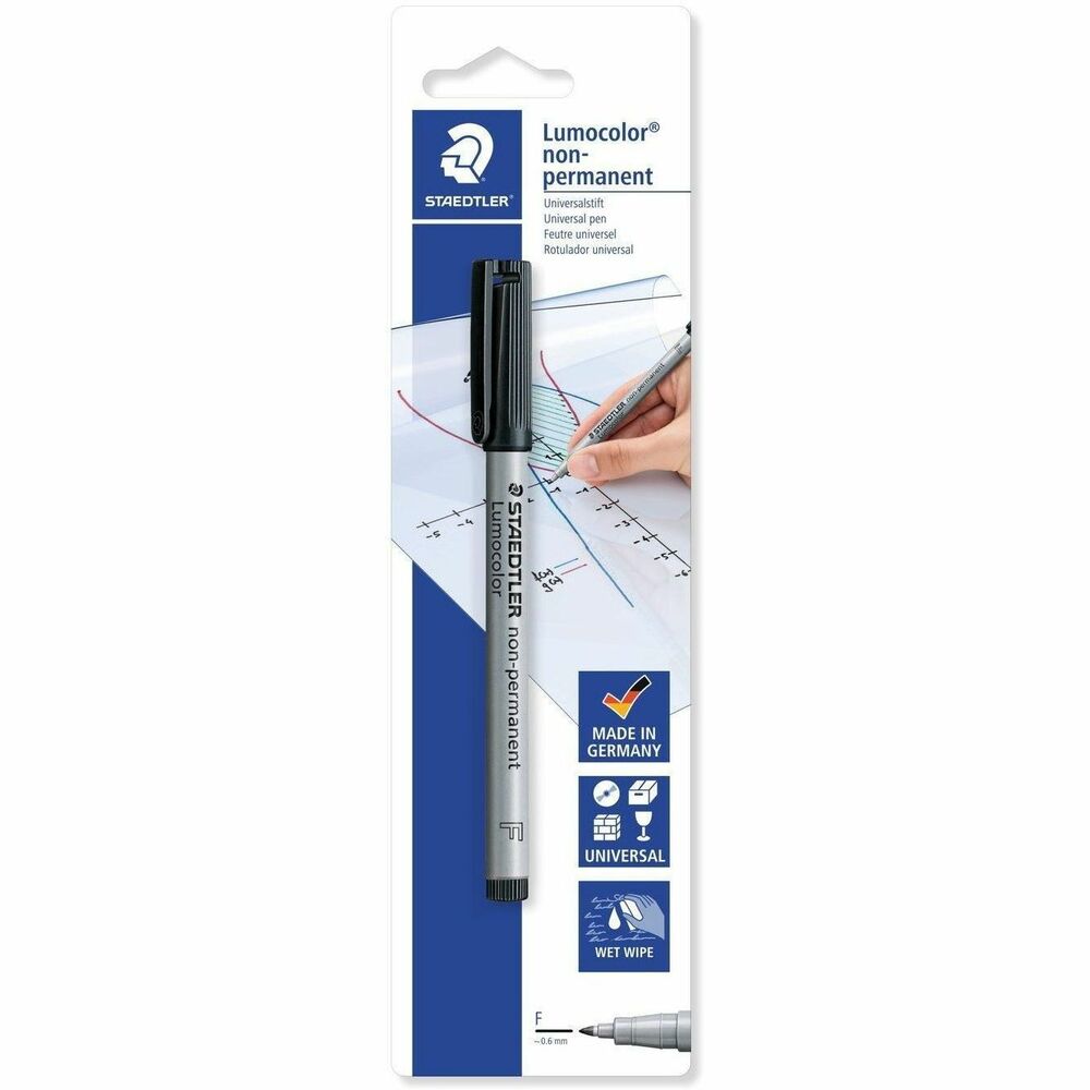 STD3169 - Nonpermanent marker is designed for overhead projection writing. Quick-drying, water-based, nonpermanent ink won't bleed or smudge. Write on overhead transparency film or such glossy surfaces as photos, transparency sleeves, slide frames, cromalins, glass, acrylic and vinyl. Water-soluble ink can be wiped off film using a damp cloth. It is great for crafts, graphic arts, photography, lab work or print shop. Fiber-tip pen features a polypropylene barrel and cap with a clip to attach to notebooks, pockets and more.