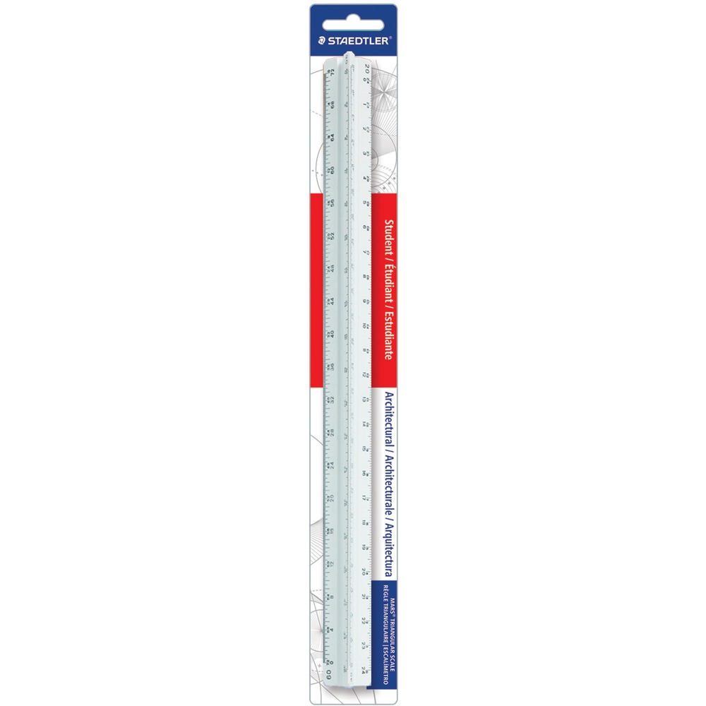 STD9871931BK - 12" triangular scale in Staedtler's student series is ideal for students of architecture. Three sides with six different scales feature die-engraved graduations. Easy-to-read printed graduations will not rub off. Architect triangular scale is open divided: 3/32" , 1/8" , 3/16" , 1/4" , 3/8" , 1/2" , 3/4" , 1" , 1-1/2" , 3" = 1'. Measurements are fully divided in inches to 16ths. Triangular scale is made of high-impact polystyrene.