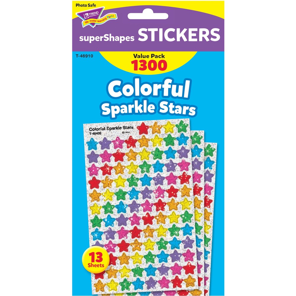 TEPT46910 - Super Sticker variety pack features colorful sparkle stars. Each sheet contains 100 stickers. Stickers are acid-free, nontoxic and safe for use on photos. Ideal for teaching students in first-grade to fifth-grade (ages 6 to 11).