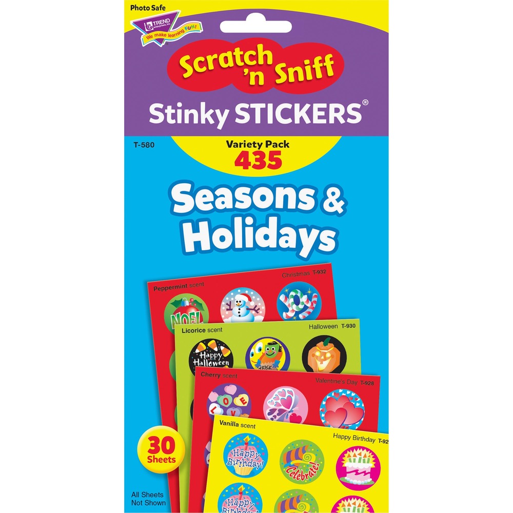 TEPT580 - Variety of Stinky Stickers includes season and holiday themes. Each sticker offers a scratch-and-sniff surface that delivers a burst of fragrance. Use as rewards, incentives and collectibles. Stickers are acid-free, nontoxic and safe for use on photos. Ideal for teaching students in kindergarten to third grade (ages 5 to 8).