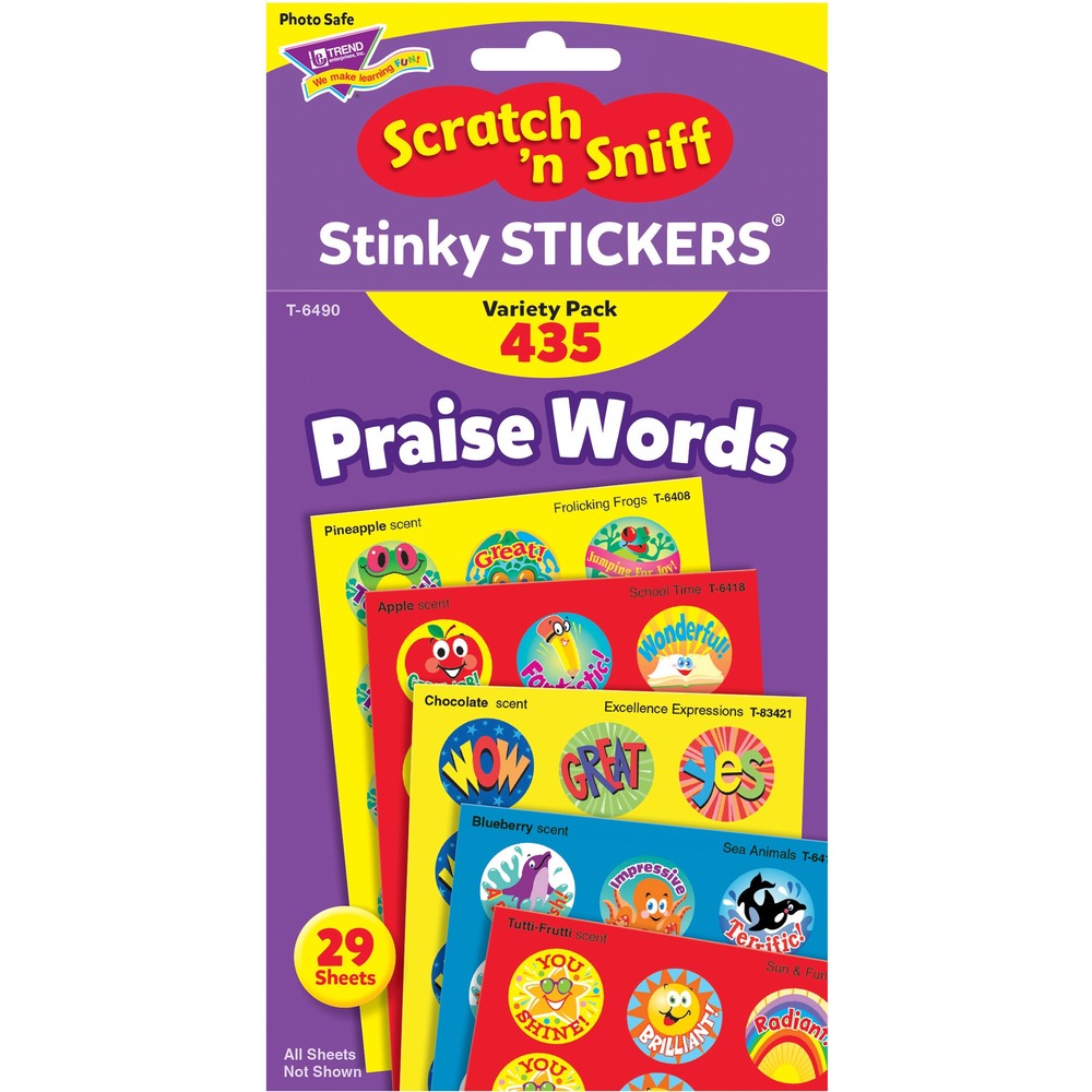 TEPT6490 - Variety pack of Stinky Stickers with praise words offers a fun way to give out rewards, incentives, and collectibles. Each large round sticker has a burst of fragrance waiting to be scratched and sniffed. Stickers are acid-free, nontoxic, and safe for use on photos. Each sheet has 15 stickers. Actual sticker sheets may vary from photo. Stickers are ideal for kindergarten to third-grade (ages 5 to 8).