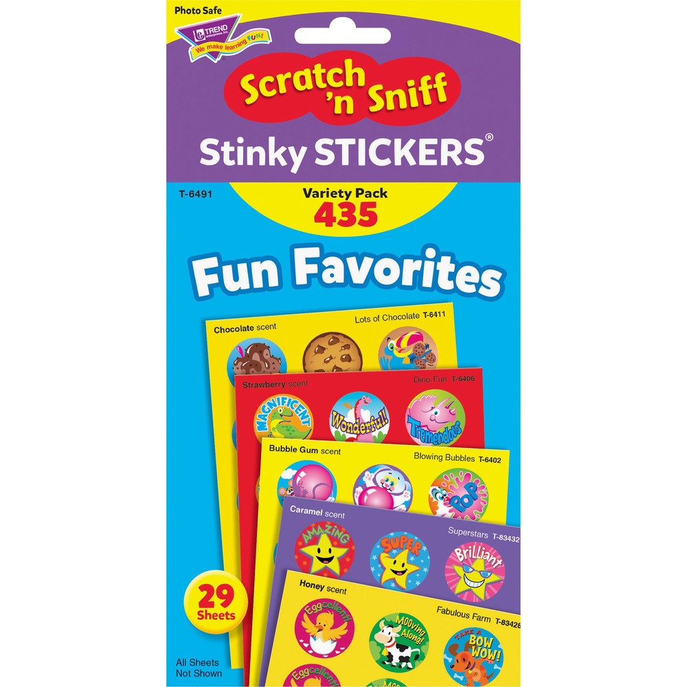 TEPT6491 - Stinky Stickers feature a variety of designs and a scratch-and-sniff surface that delivers a burst of fragrance. Great as rewards, incentives, and collectibles. Stickers are acid-free, nontoxic, and safe for use on photos. Stickers are ideal for teaching students in kindergarten to third grade (ages 5 to 8).