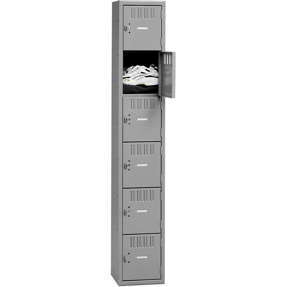 TNNBS6121812AMG - Six-tier box locker is made of heavy-gauge steel and offers tamperproof hinges. Each compartment measures 12" wide x 18" deep x 12" high. Vertical louvers provide ventilation. Locker includes number plates for locker identification. Each door has a padlock hasp. Locker does not include padlock. Multiple rows of lockers can be ganged with standard nuts and bolts, which are not included.