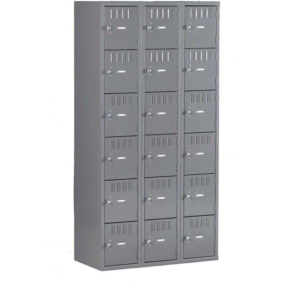 TNNBS6121812CMG - Six-tier box locker is made of heavy-gauge steel and offers tamperproof hinges. Each compartment measures 12" wide x 18" deep x 12" high. Vertical louvers provide ventilation. Locker includes number plates for locker identification. Each door has a padlock hasp. Locker does not include padlock. Multiple rows of lockers can be ganged with standard nuts and bolts, which are not included.