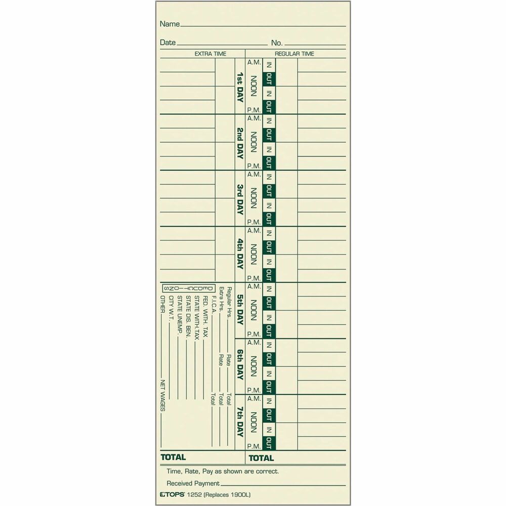 TOP1252 - Weekly time cards are equivalent to time clock manufacturers' time cards. 143 lb. manila stock is printed in green ink on the front. Seven-day time period is designed to record regular hours, deductions, gross/net pay, and four days overtime. Time card replaces Card No. 1900L.