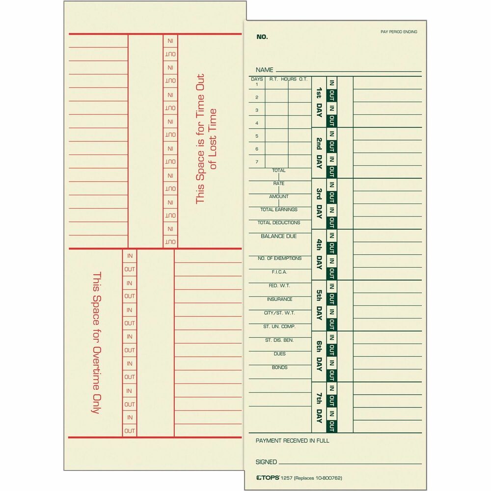 TOP1257 - Two-sided time cards feature numbered days, full payroll calculations, and pay receipt. Front shows numbered days, full payroll calculations printed in green ink with the back side for overtime, and lost time hours printed in red. Extra-heavy material is made of 143 lb. manila stock. Time cards replace 10-800762 and 1950-9308 and are designed for use with Acroprint 125R, 150R, ES700, ES900, ESP180, 175TR; Cincinnati 1000, 10000; Lathem 900E, 1200, 1500E, 2000, 4000, 5000EP; Simplex KCF, KCG, JCG, JCP and 2500.