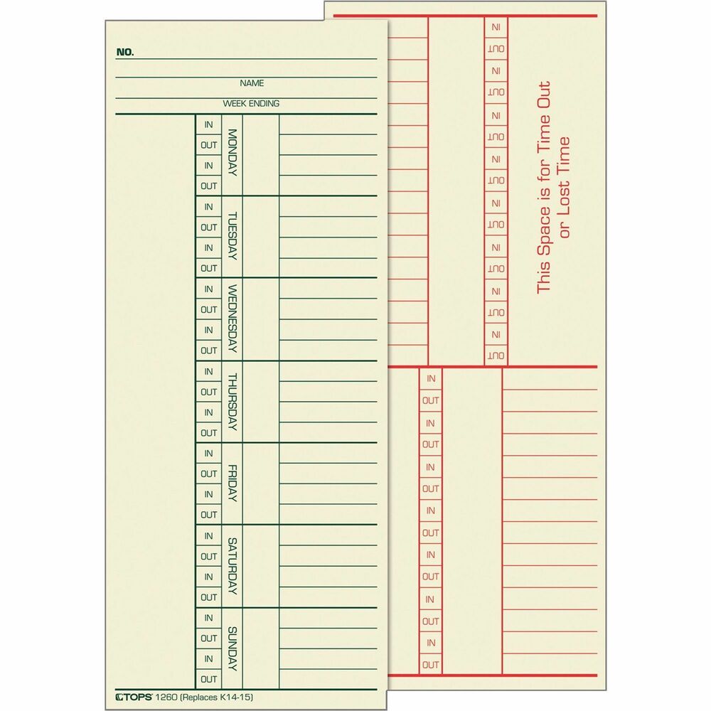 TOP1260 - Weekly time cards are equivalent to time clock manufacturers' time cards. Front has named days printed in green ink. Back has space for overtime and lost time, and is printed in red ink. Time cards are made of 143 lb. manila stock and replace Card No. K14-15.