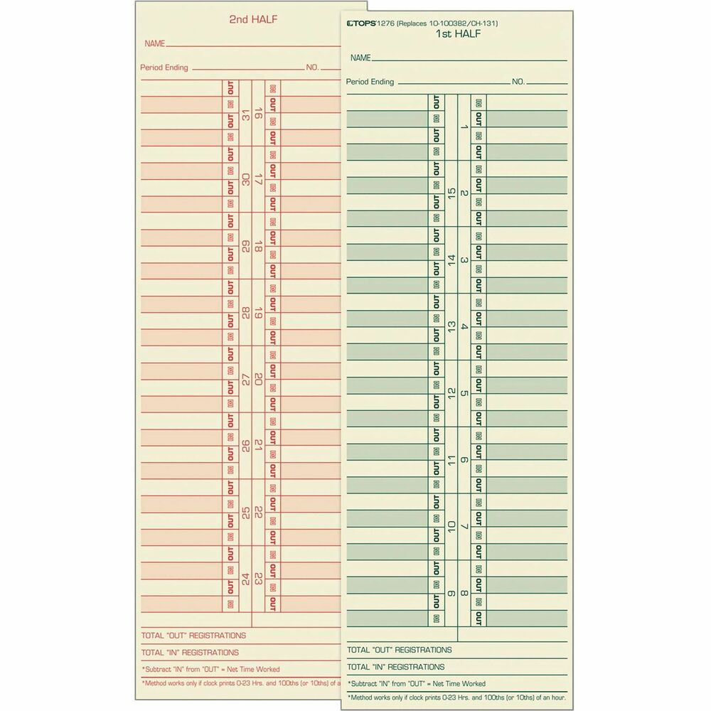 TOP1276 - Two-sided time cards feature semi-monthly format and numbered days with first half of month on front in green ink and second half of month on back in red ink. Screened in and out boxes provide a quick way to check of hours worked. Total "out" and "in" registration lines to give net time worked. Extra-heavy material is made of 143 lb. manila stock. Time card replaces 100372, 10-100382, CH131, L34B, 1950-9360 and is designed for use with Acroprint 125R, 150R, ES700, ES900, ESP180, 175TR; Cincinnati 1000, 10000; Lathem 900E, 1200, 1500E, 2000, 4000, 5000EP; Simplex KCF, KCG, JCG, JCP and 2500.