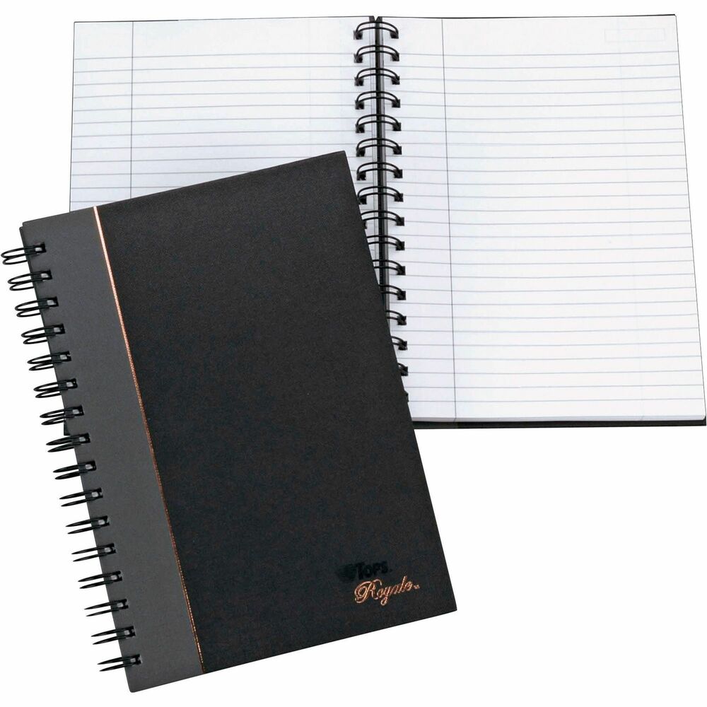 TOP25330 - Sophisticated business notebook features a stylish black hard cover, gray spine and metallic accents. Notebook contains 96 white, heavyweight sheets with pages with personal information, index and useful numbers. Premium, 20 lb. paper resists feathering and bleed-through. Each sheet is ruled and perforated so pages can be removed easily. Quality double-wire binding adds durability, prevents snagging, and allows cover to be folded back to provide extra writing support. The design allows pages in the notebook to lie flat.