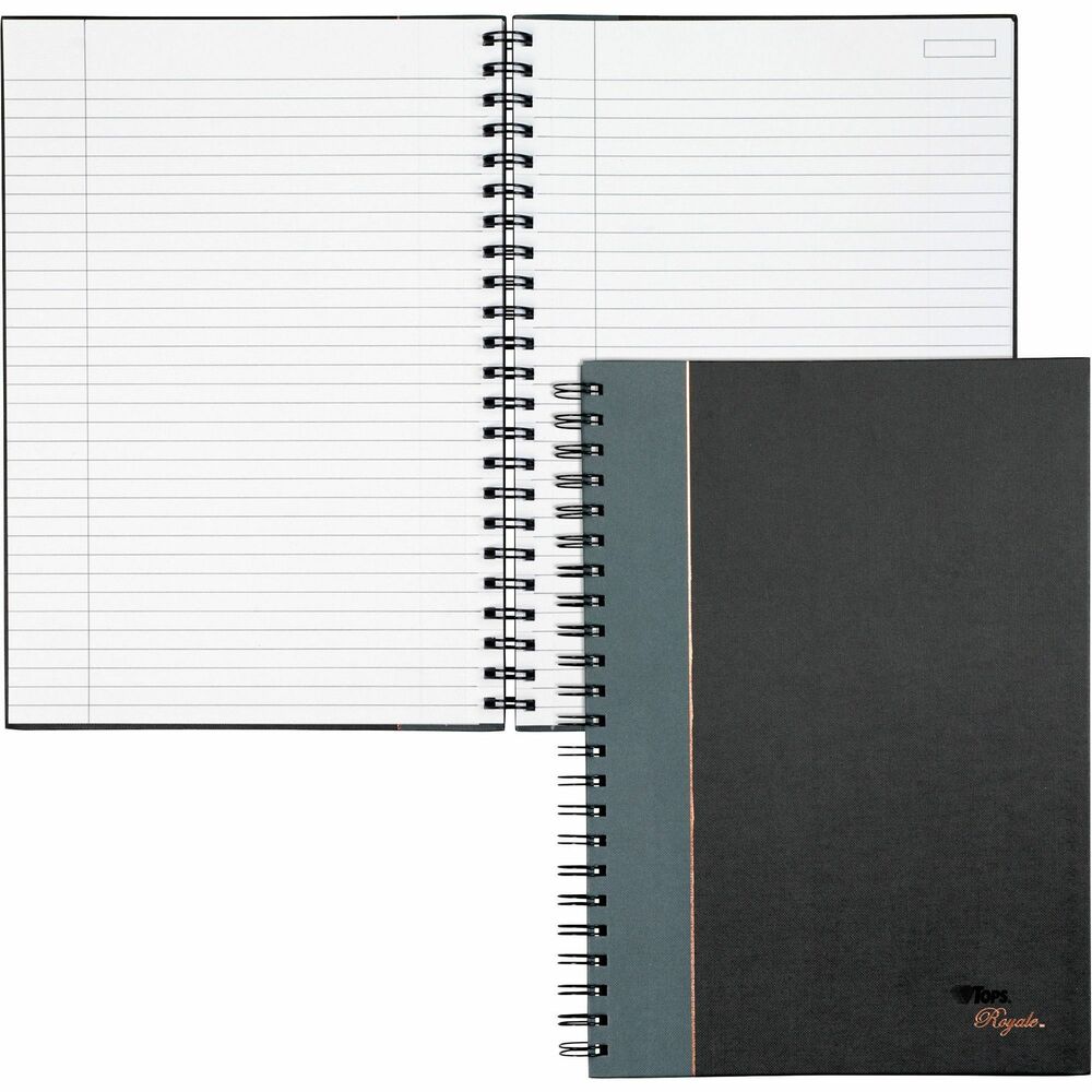 TOP25332 - Sophisticated business notebook features a stylish black hard cover, gray spine and metallic accents. Notebook contains 96 white, heavyweight sheets with pages with personal information, index and useful numbers. Premium, 20 lb. paper resists feathering and bleed-through. Each sheet is ruled and perforated so pages can be removed easily. Quality double-wire binding adds durability, prevents snagging, and allows cover to be folded back to provide extra writing support. The design allows pages in the notebook to lie flat.
