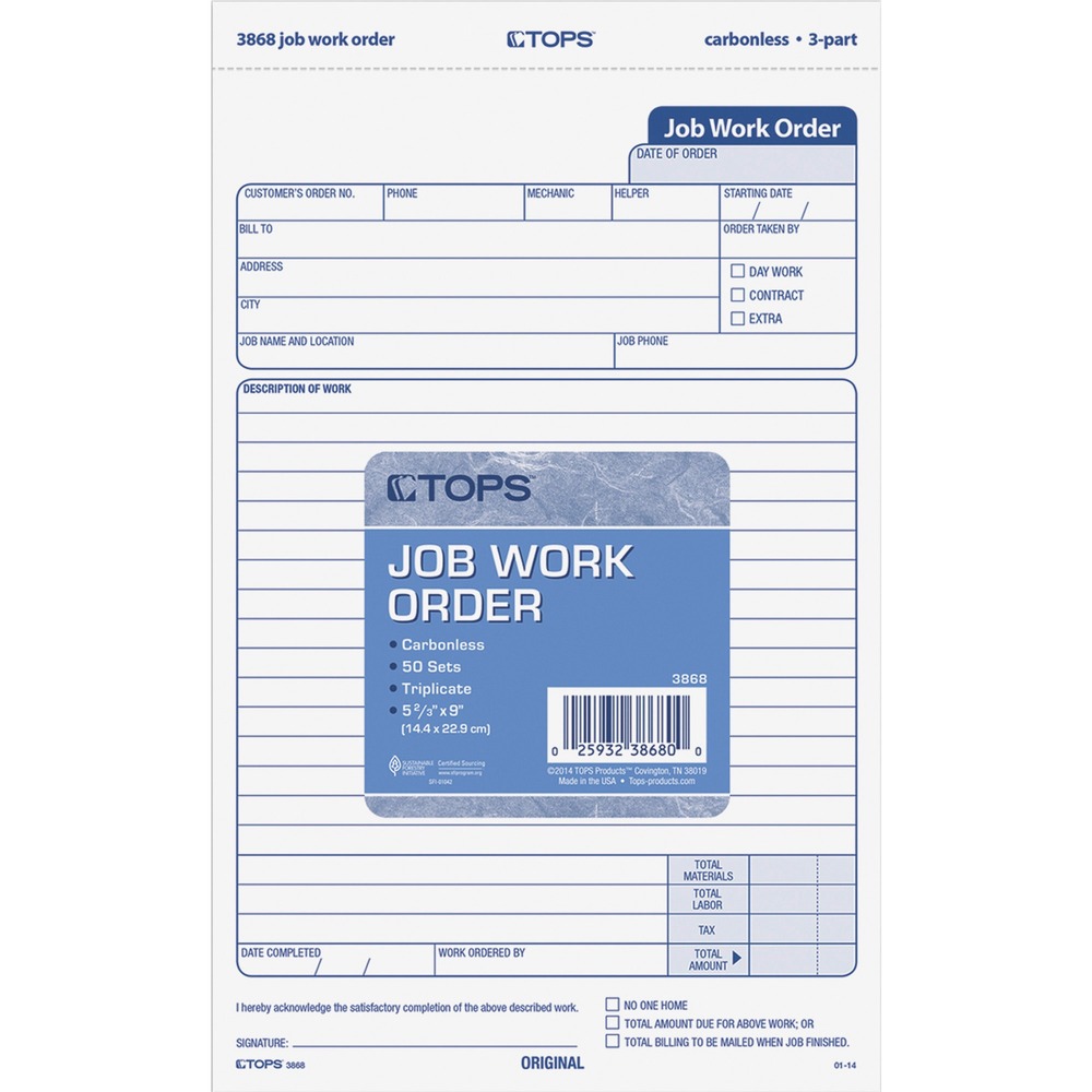 TOP3868 - Carbonless, triplicate work order has important areas highlighted, such as order date, work description, completed date, who ordered the work, total materials, total labor, tax and total amount. Top part of the form includes prompts for customer information. The back of the third part also serves as a costing form to determine the profitability of each job. Paper sequence is white, canary and white tag. Detached size is 5-1/2" x 8-1/2".
