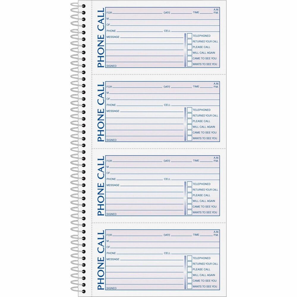 TOP4003 - Spiral-bound message book provides a permanent record of every call received or long-distance call made. A notes section on back is designed for longer messages. Carbonless message forms are perforated and printed in blue and red ink. Each page has four message forms. Two-part format includes an original on white paper and a duplicate on canary paper. Detached size is 2-3/4" x 5".