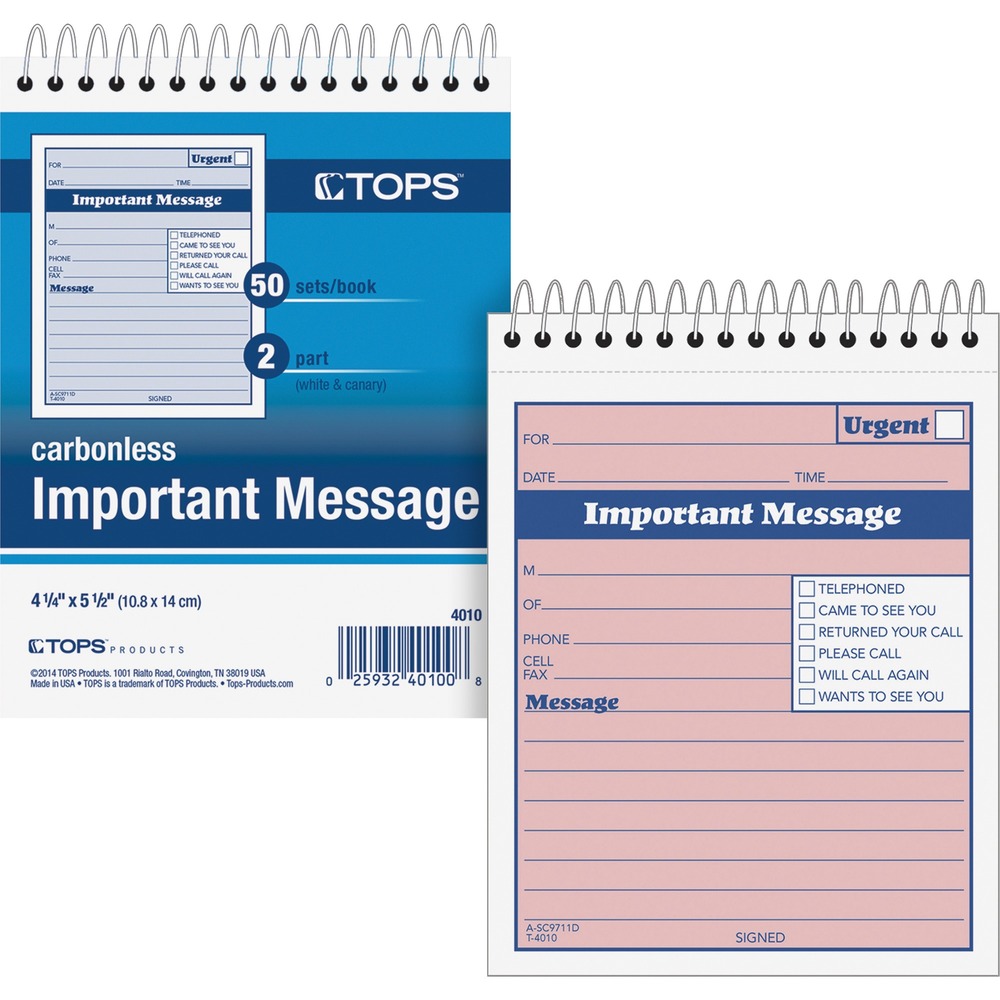 TOP4010 - Spiral-bound book provides a permanent record of every important message. Message forms are perforated and printed in blue and red ink. Each page has one carbonless message form. Two-part forms include a pink original and canary duplicate. Message book has 50 sets. Detached size is 4-1/4" x 5-1/2".