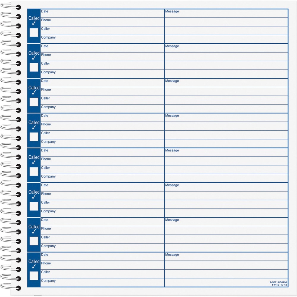 TOP4416 - Voice Message Log Book lets you keep an accurate record of messages retrieved from answering machines and voice mail systems. No more lost scraps of paper or notes scribbled on back of business cards. Cover flips back for easy writing in the office or on the road. Book includes 50 sheets for recording 800 messages.