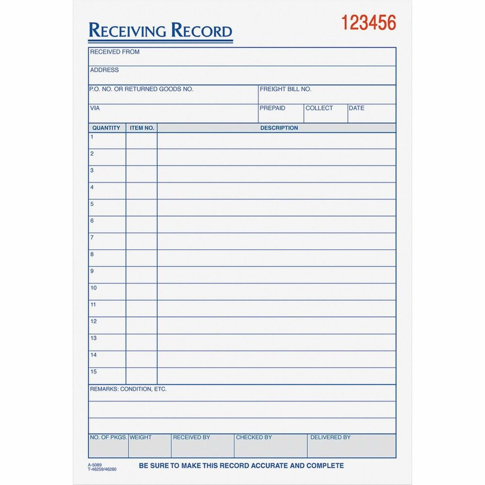 TOP46260 - Carbonless, receiving record forms detail up to 12 items on the numbered lines. Boxes offer space for quantity, item number, and description. Three-part carbonless form includes an original on white paper with blue ink, a canary duplicate and a pink triplicate. Forms are sequentially numbered in red and two hole-punched for post binders.