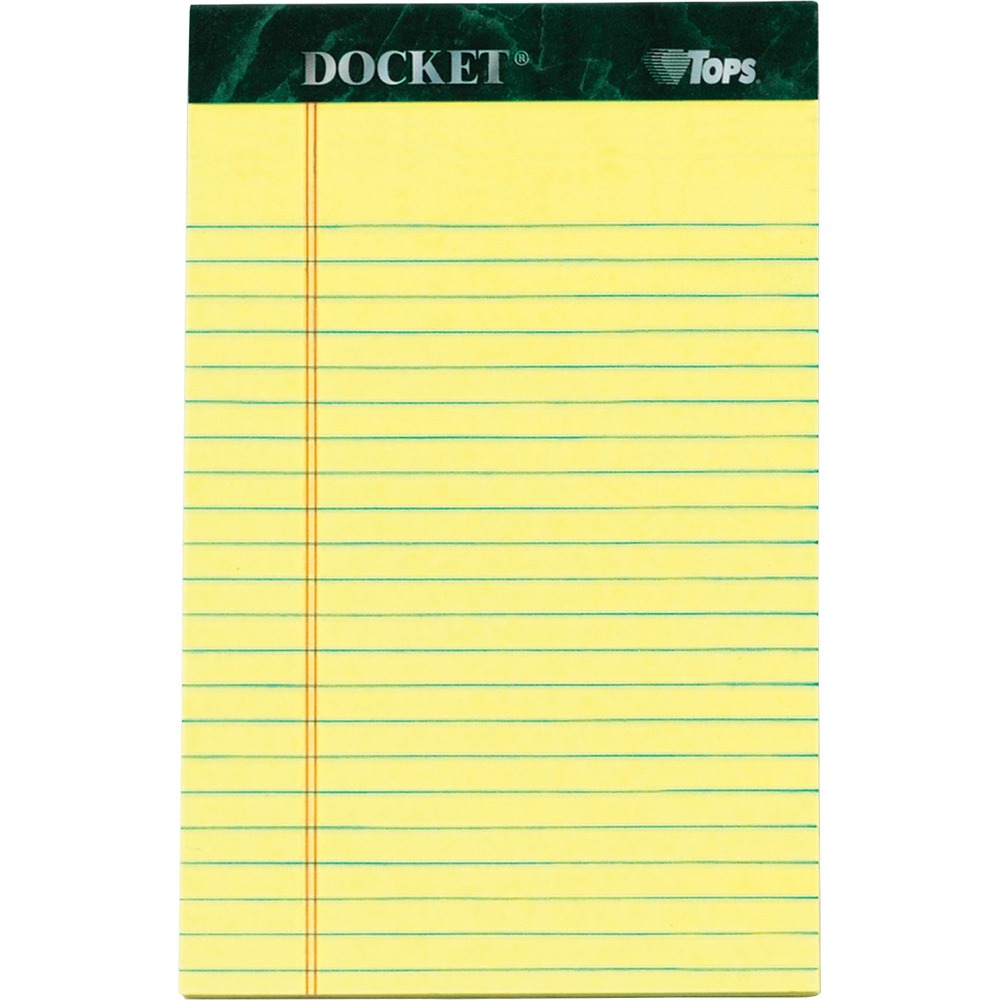 TOP63350 - Compact writing pads feature perforation at the top for a clean tear-out every time. Binding at the top is double-stitched for added strength. Extra-sturdy, 60 point, chipboard back provides extra support and durability. Each pad contains 50 sheets of heavyweight, 16 lb. paper that resists bleed-through. Each sheet is junior legal-ruled with 9/32" line spacings and a 1" left margin.