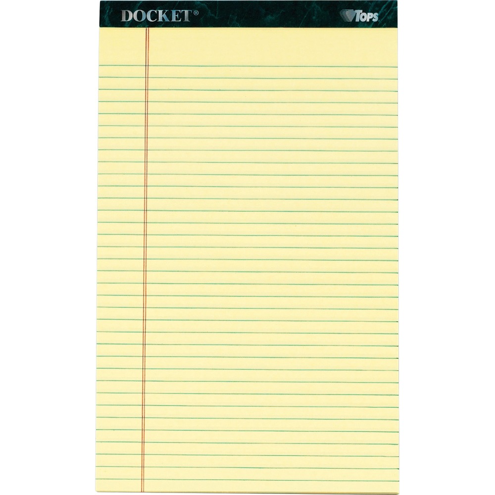 TOP63580 - Writing pads feature Letr-Trim perforation at the top for a clean tear-out every time. Binding at the top is double-stitched for added strength. 60 point, rigid chipboard back provides writing support and durability. Each legal-size pad contains 50 stitched sheets of heavyweight, 16 lb. paper that resists bleed-through. Each sheet is legal/wide-ruled with 11/32" line spacings and a 1-1/4" left margin.